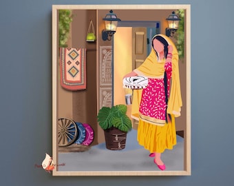 May include: A woman in a yellow and pink salwar kameez stands in a doorway holding a plate of food. She is wearing a yellow dupatta and has long black hair. The doorway is decorated with a rug and a lantern.