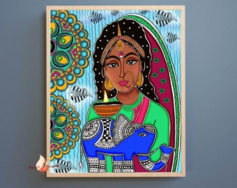 May include: A colorful painting of a woman holding a diya, a traditional Indian oil lamp, with a blue elephant beside her. The background features intricate mandala designs and fish.