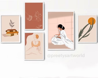 Set of 5 Indian Boho Art Print Gallery Wall Set I  Abstract Books Plant Lineart Hand With Butterfly Women Reading A Book In Saree Printable