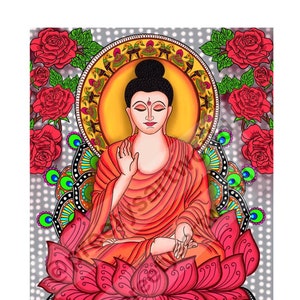 May include: A colorful illustration of Buddha sitting in a lotus position with his right hand raised in a gesture of blessing. The background features a mandala design with peacocks and roses.