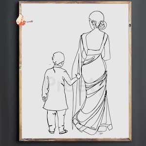 Mom in Saree & Son in Kurta Indian Line Art on Light Gray Background Minimalist Wall Art ...