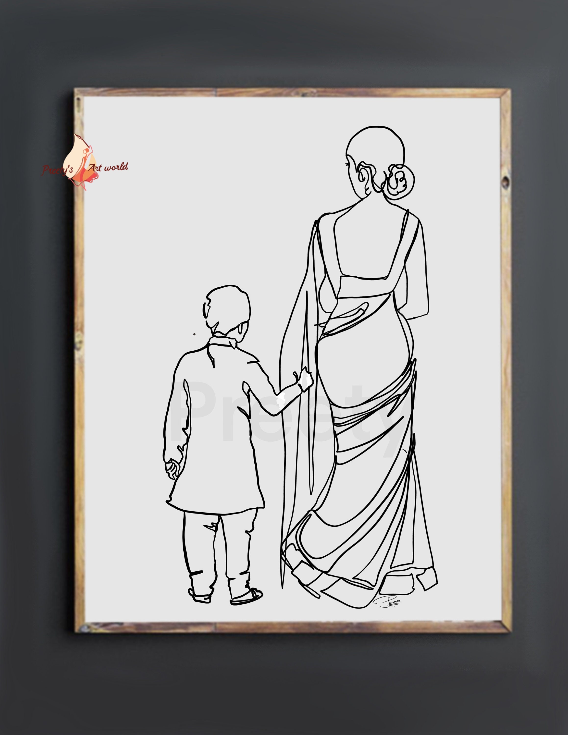 Mom in Saree & Son in Kurta Indian Line Art on Light Gray - Etsy