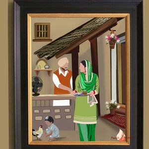 May include: A framed illustration of a family in a traditional Indian home. A man in a turban and orange shirt stands at a counter, while a woman in a green and pink salwar kameez holds a plate of food. A young child in a white shirt and blue pants watches a rooster.