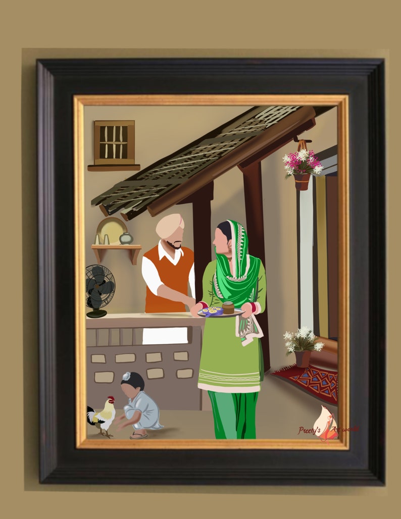 May include: A framed illustration of a family in a traditional Indian home. A man in a turban and orange shirt stands at a counter, while a woman in a green and pink salwar kameez holds a plate of food. A young child in a white shirt and blue pants watches a rooster.