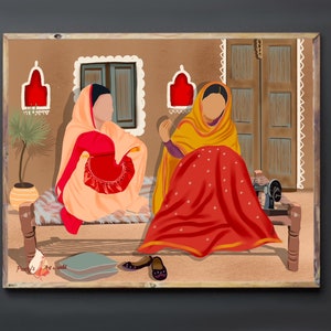 Pode incluir: Duas mulheres com roupas tradicionais indianas estão sentadas em um banco em uma sala com uma porta de madeira e janelas. A mulher à esquerda está vestindo um vestido cor de pêssego com um lenço vermelho e laranja. A mulher à direita está vestindo um lenço amarelo e um vestido vermelho. A mulher à direita está costurando em um tecido vermelho.
