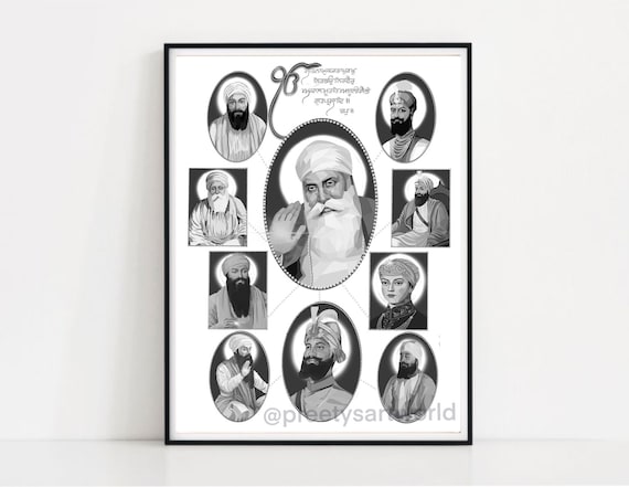 Sikh 10 (Ten) Gurus Art Work Poster I Sikh Gurus Portrait I Sikhism I Dus Guru Saheban of Khalsa I Ek Onkar Mool Mantar Guru Poster Print