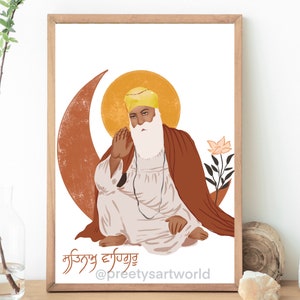 May include: A digital illustration of a Sikh Guru, wearing a yellow turban, sitting in a meditative pose. The background is a crescent moon with a yellow halo. The text "ਮਹਾਂਰਾਜ ਦਰਬਾਰ" and "@preetysartworld" are at the bottom of the image.