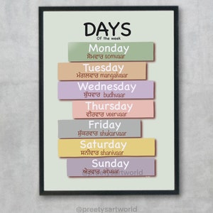 Puede incluir: Una impresi&oacute;n enmarcada con los d&iacute;as de la semana en ingl&eacute;s y punjabi. El fondo es verde claro y los d&iacute;as est&aacute;n escritos en cajas rectangulares de colores.