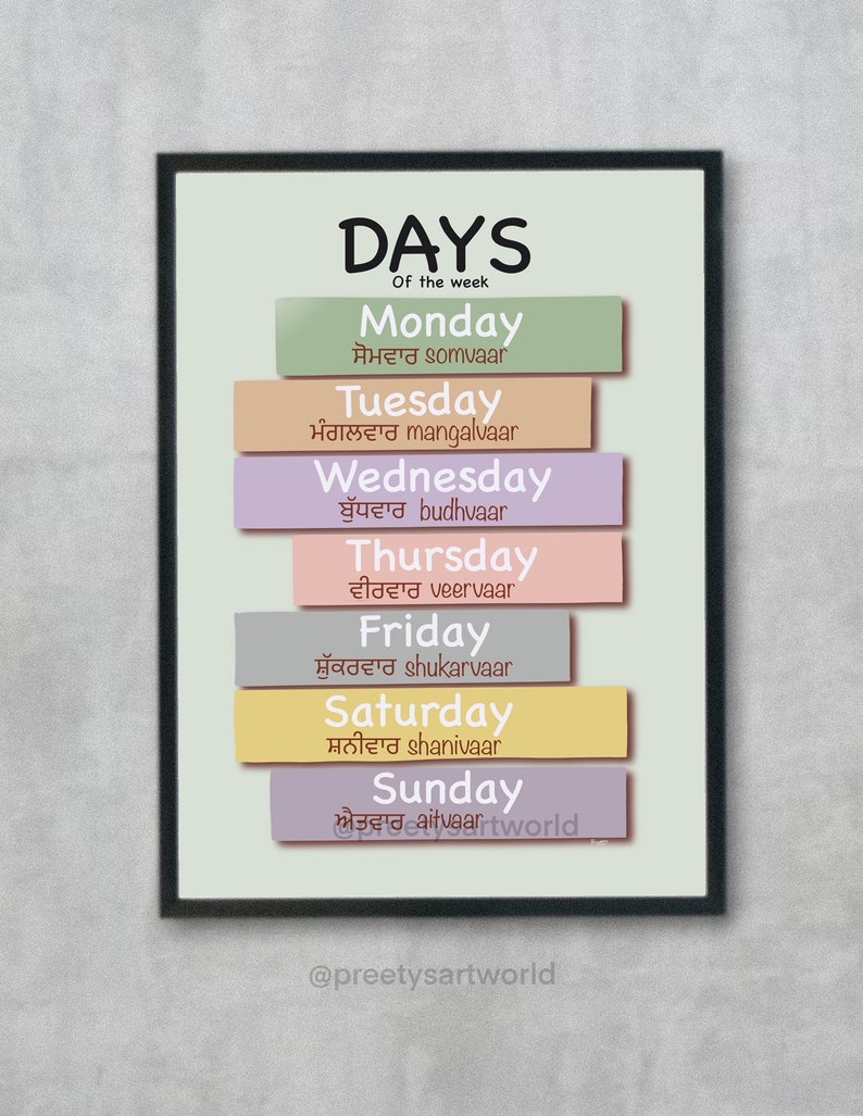 Puede incluir: Una impresi&oacute;n enmarcada con los d&iacute;as de la semana en ingl&eacute;s y punjabi. El fondo es verde claro y los d&iacute;as est&aacute;n escritos en cajas rectangulares de colores.