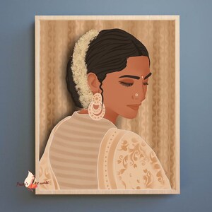 May include: A digital illustration of a woman with dark hair and brown eyes wearing a traditional Indian outfit. She is wearing a white flower garland in her hair and gold earrings. The background is a light brown with a pattern.