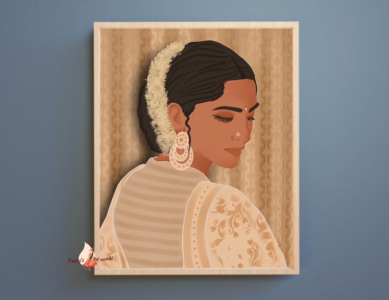 May include: A digital illustration of a woman with dark hair and brown eyes wearing a traditional Indian outfit. She is wearing a white flower garland in her hair and gold earrings. The background is a light brown with a pattern.