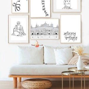 May include: A set of five black and white prints featuring Sikh religious symbols, including the Khanda, a portrait of Guru Gobind Singh, a depiction of the Golden Temple, and the words "Waheguru Ji Ka Khalsa Waheguru Ji Ki Fateh".