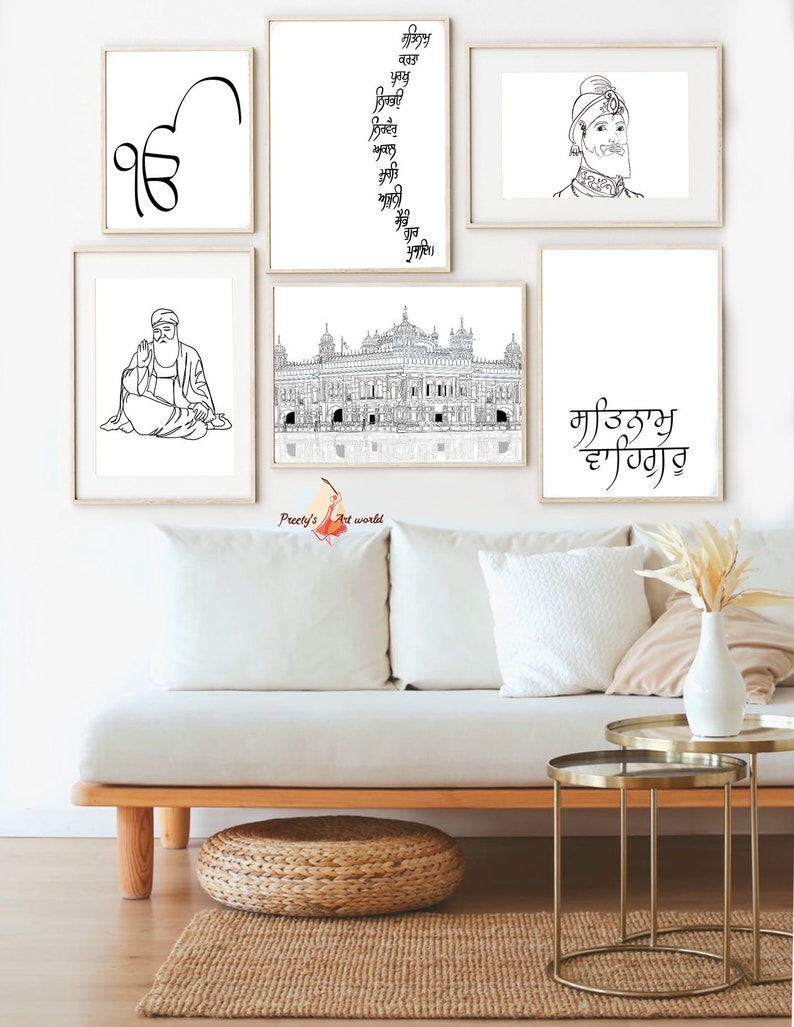 May include: A set of five black and white prints featuring Sikh religious symbols, including the Khanda, a portrait of Guru Gobind Singh, a depiction of the Golden Temple, and the words "Waheguru Ji Ka Khalsa Waheguru Ji Ki Fateh".