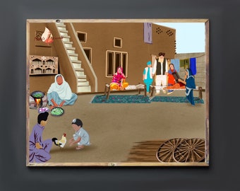 May include: A colorful illustration depicting a family gathered outside a traditional mud-brick home. The scene includes a woman cooking, children playing, and adults socializing. The illustration features vibrant colors and intricate details, showcasing a rural setting.