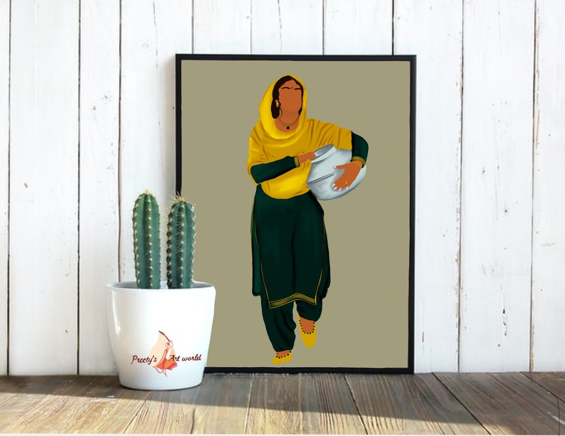 Punjabi Sikh Women Carrying Matka Water Pot Art Print I Indian Ethnic Home Décor I Village Life I Traditional Indian Printable Wall Art image 7