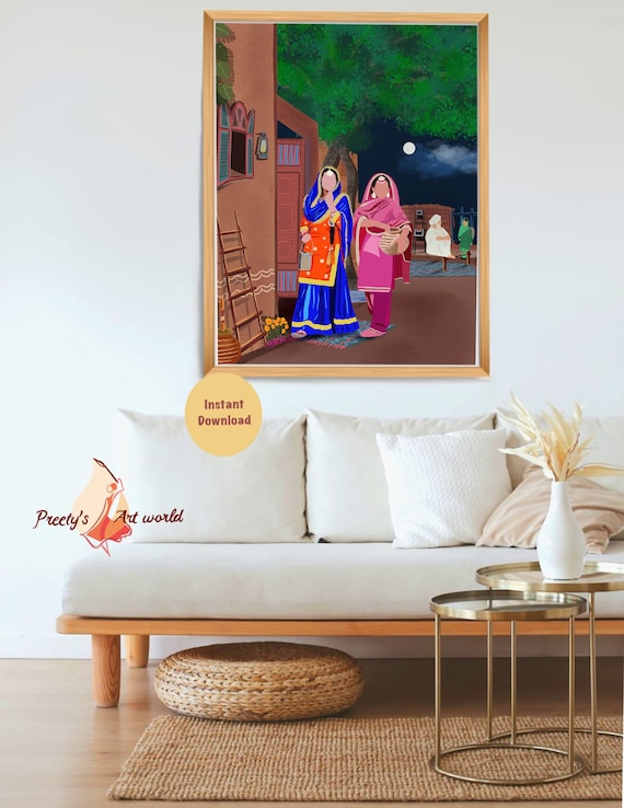 Punjabi Village Family Art Print I Indian Ethnic Home Décor I Traditional Indian Printable Wall Art I Sikh Family Printable  Art Printable