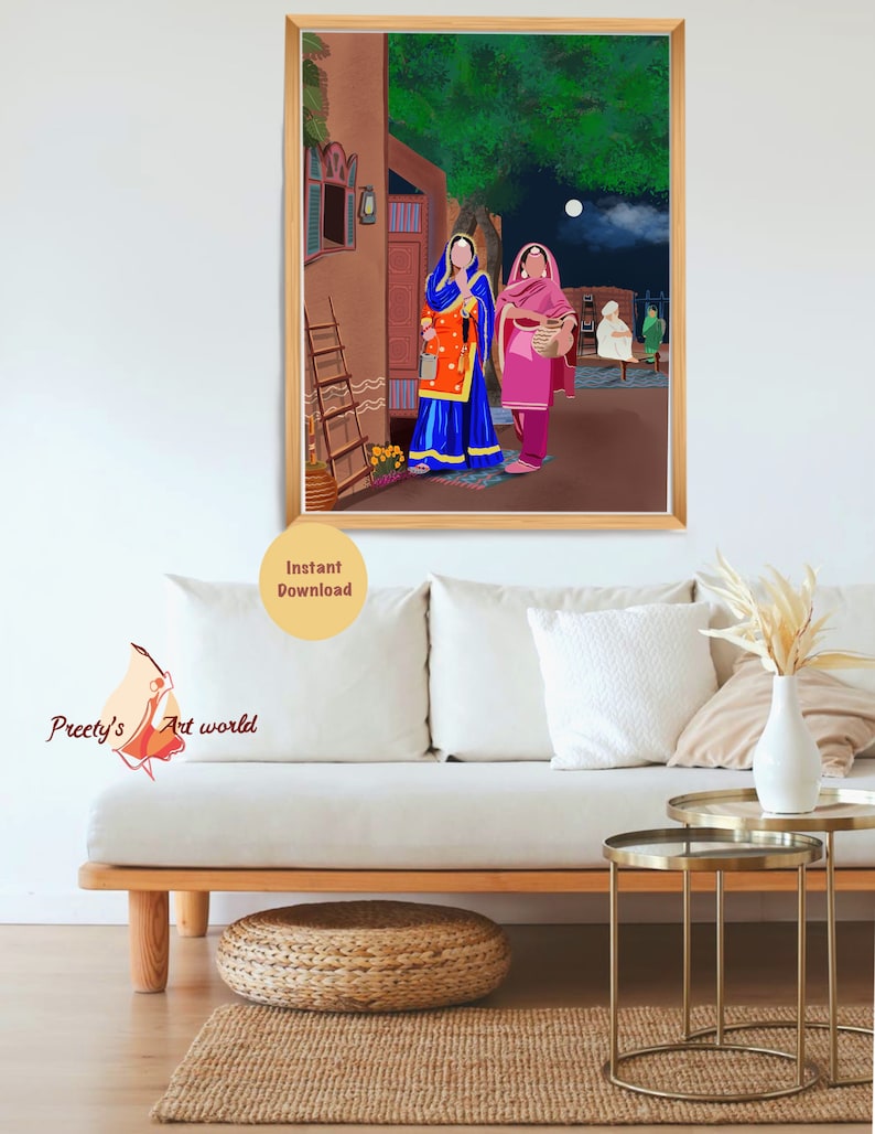 Punjabi Village Family Art Print I Indyjski etniczny wystrój domu I Tradycyjny indyjski wydruk ścienny I Sikh Family Printable Art Printable zdjęcie 1