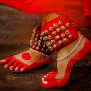 May include: A close-up of a dancer's feet adorned with red anklets and a pearl anklet. The anklets have small bells and the feet are painted red with a red dot on the big toe.