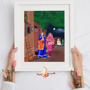 Punjabi Village Family Art Print I Indyjski etniczny wystrój domu I Tradycyjny indyjski wydruk ścienny I Sikh Family Printable Art Printable zdjęcie 2