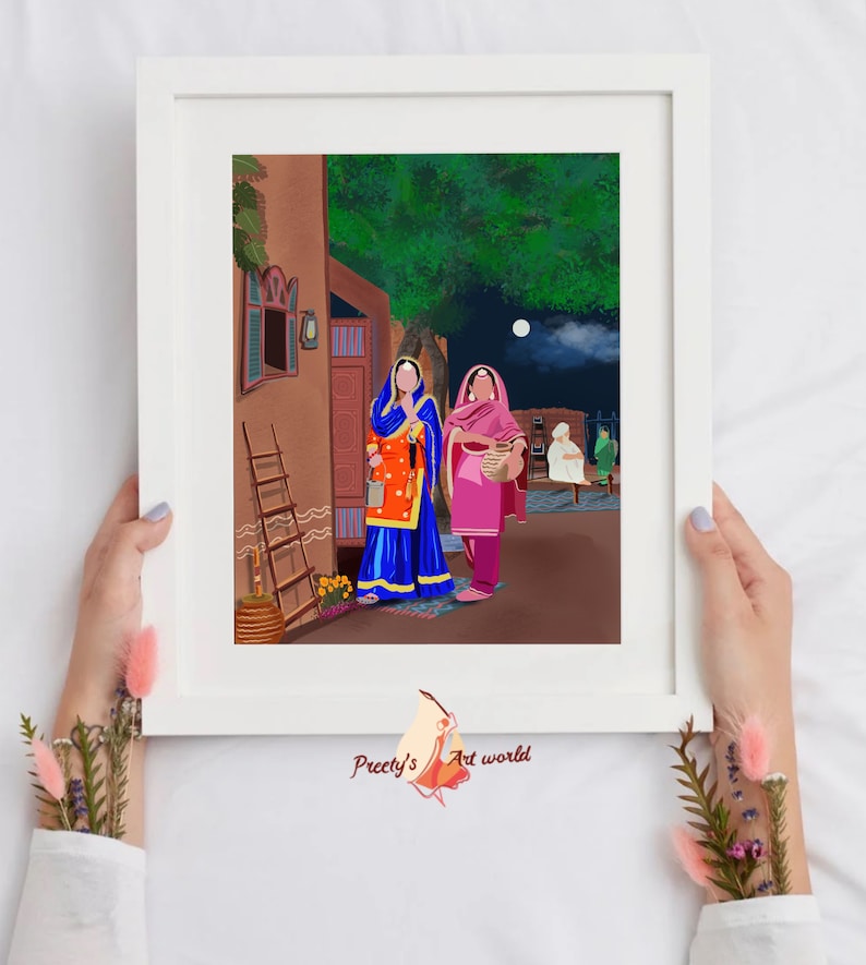 Punjabi Village Family Art Print I Indyjski etniczny wystrój domu I Tradycyjny indyjski wydruk ścienny I Sikh Family Printable Art Printable zdjęcie 2