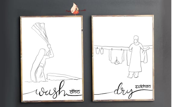 Wash Dry Dho Sukhao Indian Laundry Room Decor I Printable Wall Art I Set of 2 Black Prints for Utility Room I Kitchen Laundry Closet Decor