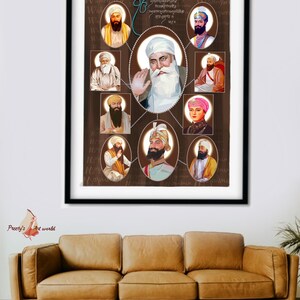 May include: A framed illustration of the ten Sikh Gurus, with Guru Nanak Dev Ji at the center. The illustration is surrounded by a brown background with text in Punjabi.