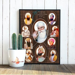 May include: A framed print featuring portraits of the ten Sikh Gurus, including Guru Nanak, Guru Gobind Singh, and Guru Angad Dev. The print is set against a brown background with gold accents and includes text in Punjabi.