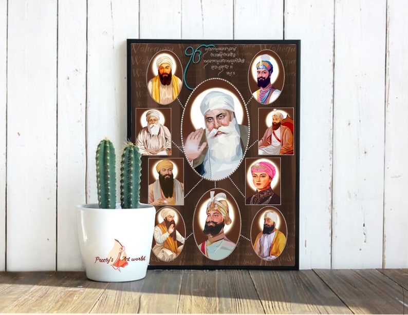 May include: A framed print featuring portraits of the ten Sikh Gurus, including Guru Nanak, Guru Gobind Singh, and Guru Angad Dev. The print is set against a brown background with gold accents and includes text in Punjabi.