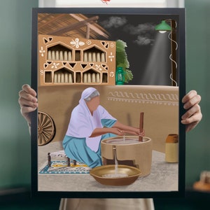 Pu&ograve; includere: Una donna con un velo bianco in testa e un vestito blu sta usando un bastone di legno per agitare il latte in una pentola di terracotta. La scena &egrave; ambientata in una casa rustica di terra con uno scaffale di tazze di terracotta e una lanterna appesa al muro. La stanza &egrave; illuminata da una lampada che pende dal soffitto.