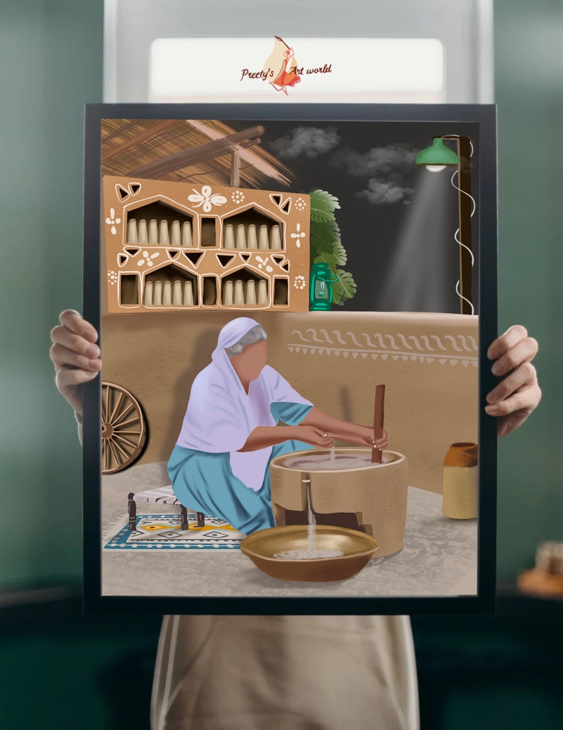 Pu&ograve; includere: Una donna con un velo bianco in testa e un vestito blu sta usando un bastone di legno per agitare il latte in una pentola di terracotta. La scena &egrave; ambientata in una casa rustica di terra con uno scaffale di tazze di terracotta e una lanterna appesa al muro. La stanza &egrave; illuminata da una lampada che pende dal soffitto.