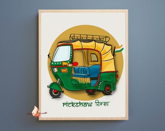 Può includere: Un'illustrazione di un risciò in stile cartone animato, di colore verde, giallo e blu, con una capotta gialla e una bandiera indiana. Il risciò è su un cerchio giallo con il testo "rickshaw रिक्शा" sotto.