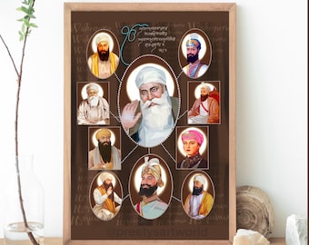 Sikh 10 (Ten) Gurus Art Work Poster I Sikh Gurus Portrait I Sikhism I Dus Guru Saheban of Khalsa I Ek Onkar Mool Mantar Guru Poster Print