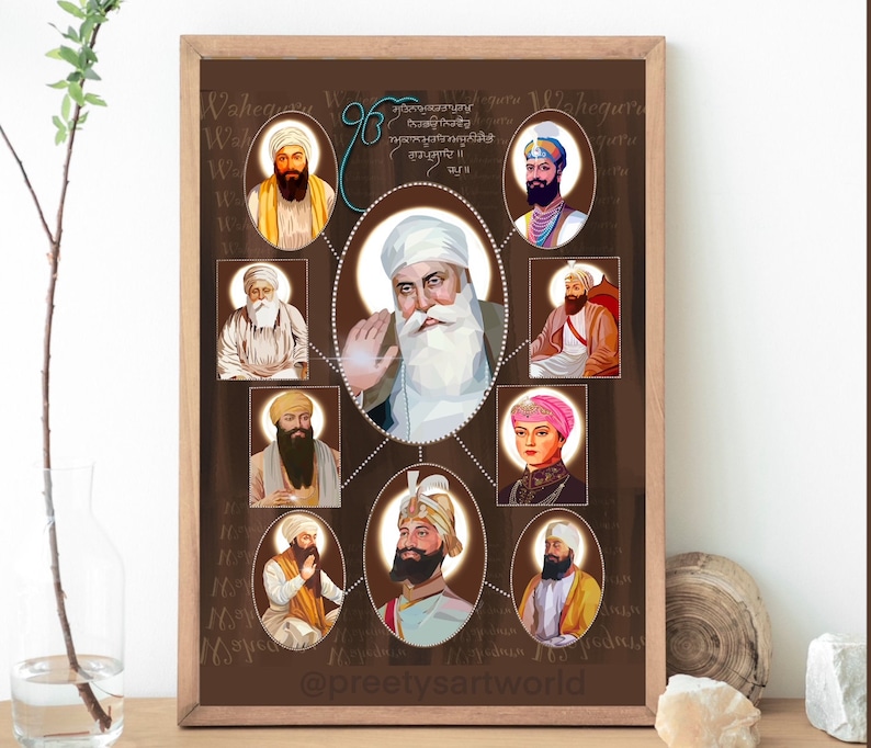 May include: A brown background with a white circle in the center. Inside the circle is a portrait of a man with a white beard and turban. The circle is connected to other circles with lines. Each circle contains a portrait of a different man with a turban. The text "Waheguru" is written in the top left corner and the text "@preetysartworld" is written in the bottom center.