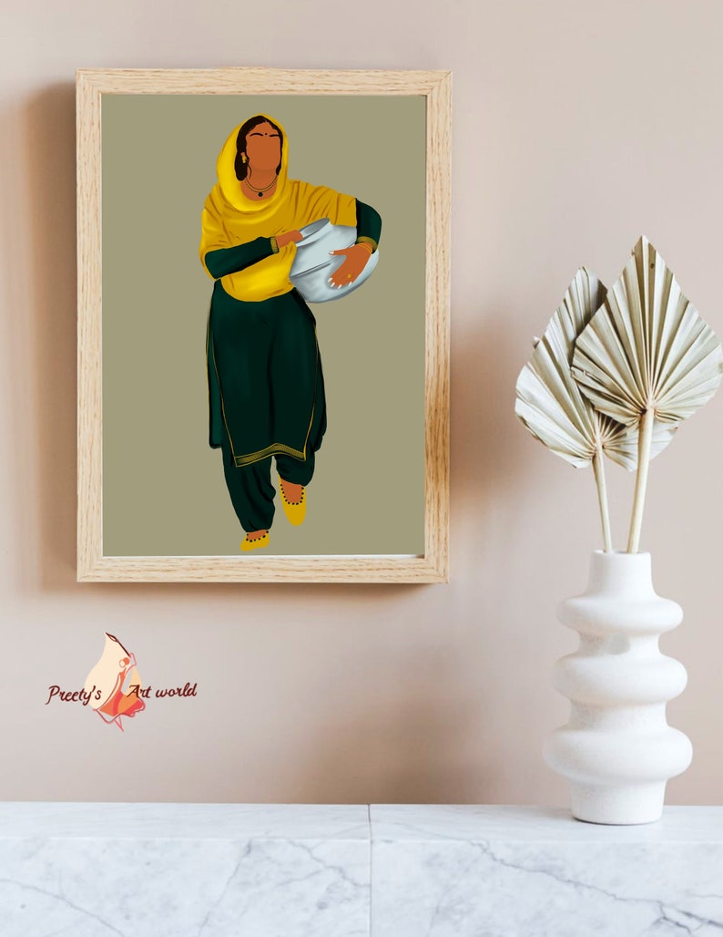 Punjabi Sikh Women Carrying Matka Water Pot Art Print I Indian Ethnic Home Décor I Village Life I Traditional Indian Printable Wall Art image 3