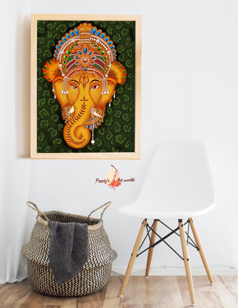 May include: A framed painting of a colorful depiction of the Hindu deity Ganesha. The painting is done in the style of Kerala mural art, with a green background and intricate details.