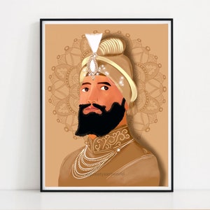 Może przedstawiać: Cyfrowa ilustracja mężczyzny w turbanie i złotej szacie. Ma brodę i poważny wyraz twarzy. Tło jest jasnobrązowe z wzorem mandali.
