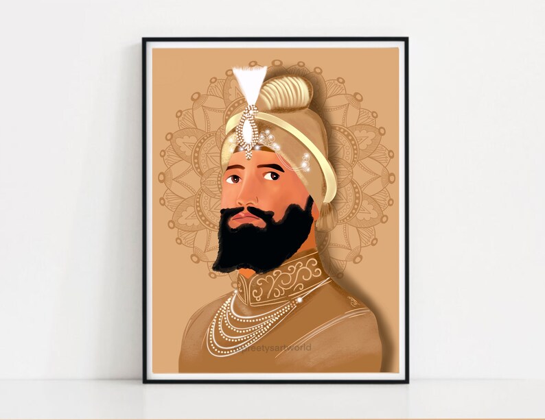 Może przedstawiać: Cyfrowa ilustracja mężczyzny w turbanie i złotej szacie. Ma brodę i poważny wyraz twarzy. Tło jest jasnobrązowe z wzorem mandali.