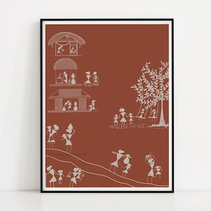 May include: A digital art print featuring a white line drawing of a village scene on a terracotta background. The scene depicts people, houses, and a tree.
