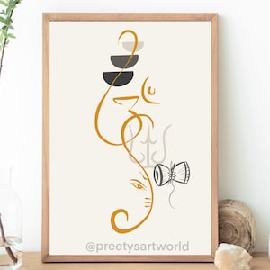 Abstract Modern Om Ganesha Minimalist Line Drawing Indian Hindu God Home Wall Decor I Boho Art I Simple Ganesha Puja Room Decor I Indian Art