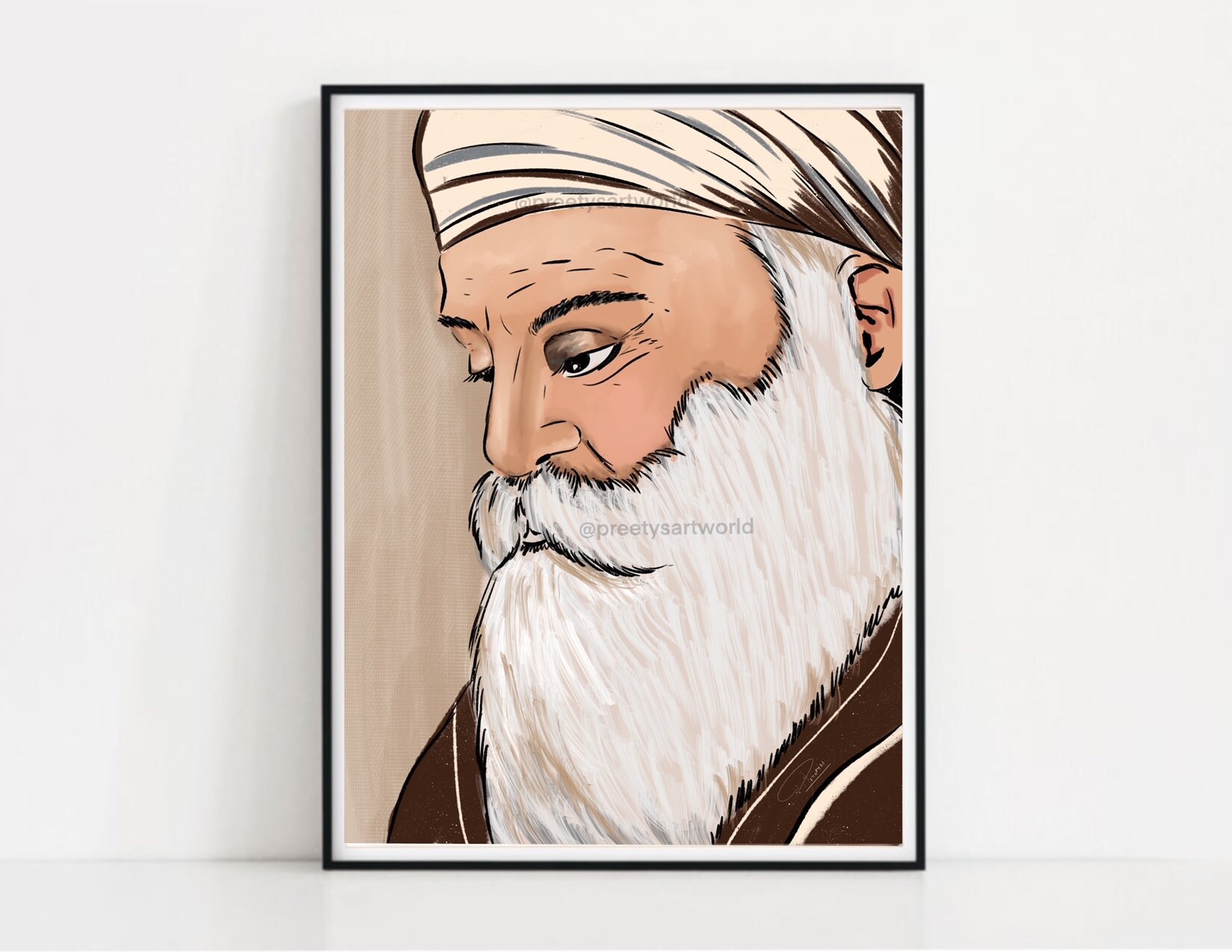 Guru Nanak Dev Ji Black and White picture frame 13.5” x 11” – SikhiArt