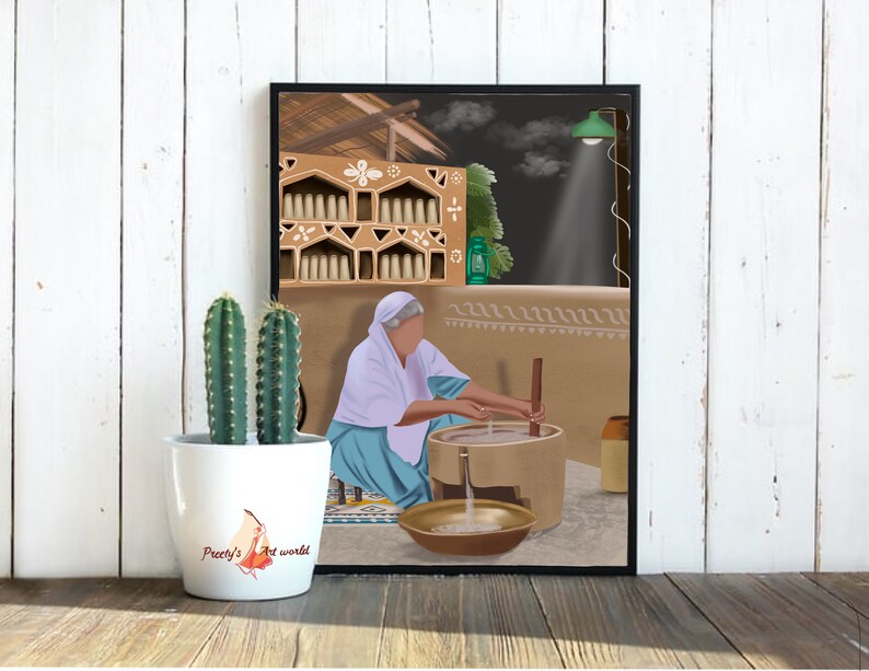 Pu&ograve; includere: Una donna con un vestito blu e bianco sta usando un bastone di legno per agitare il latte in una pentola di terracotta. La scena &egrave; ambientata in una casa rustica con un muro di terra e uno scaffale con pentole di terracotta. La donna indossa un foulard bianco.