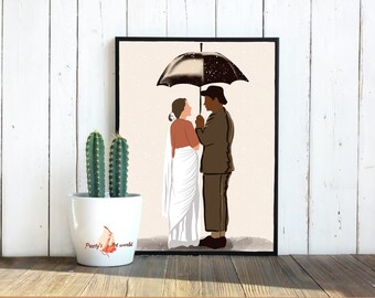 Indian Couple Standing Under Umbrella in Rain Love Romantic