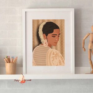 May include: A digital illustration of a woman with dark hair and brown eyes wearing a white and gold patterned sari. She is looking down and has a flower garland in her hair.