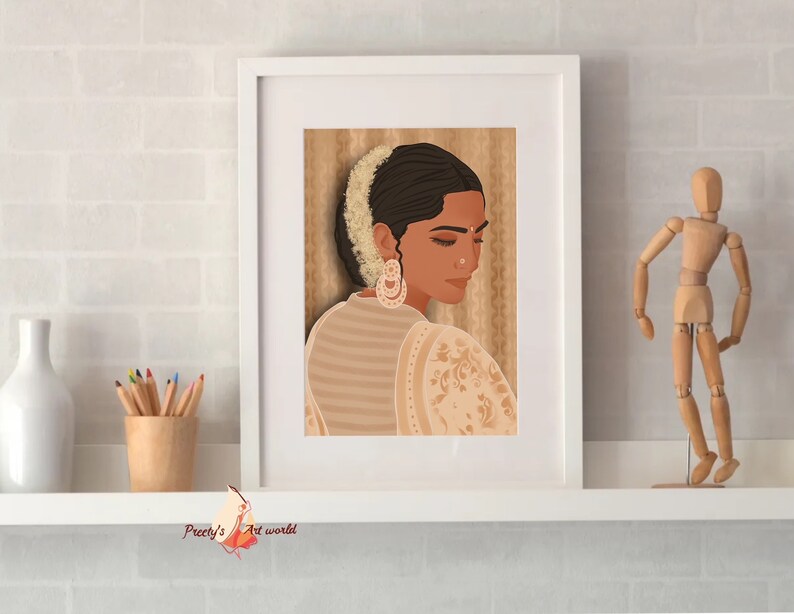May include: A digital illustration of a woman with dark hair and brown eyes wearing a white and gold patterned sari. She is looking down and has a flower garland in her hair.