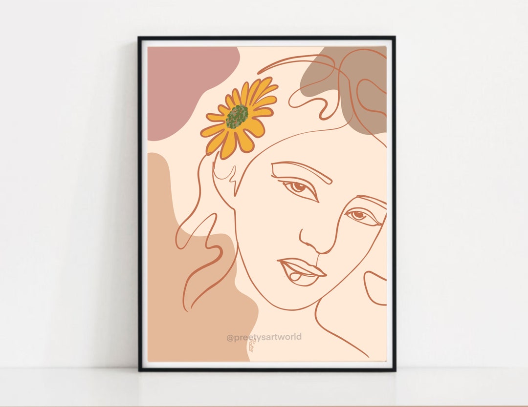 Women Line Art With Sunflower on Head Boho Art Poster Print I One Line ...
