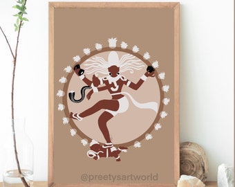 Nataraja Dance Minimalistic Boho Style Indian HomeDecor , Dancing Shiva Art Print ,  Abstract Shiv Shakti Hindu God Art , Yoga Meditation ,