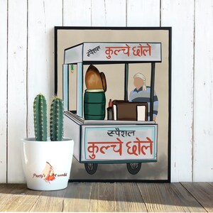May include: A digital illustration of a street food vendor selling "Kulfi  Eholes" in a cart. The vendor is wearing a white turban and a blue and white striped shirt. The cart is decorated with red and white lettering and has a sign that says "Special Kulfi Eholes".