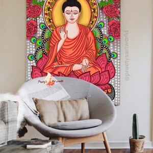 May include: A colorful illustration of Buddha sitting in meditation on a lotus flower. The background is a gray and white pattern with red roses and peacock feathers.