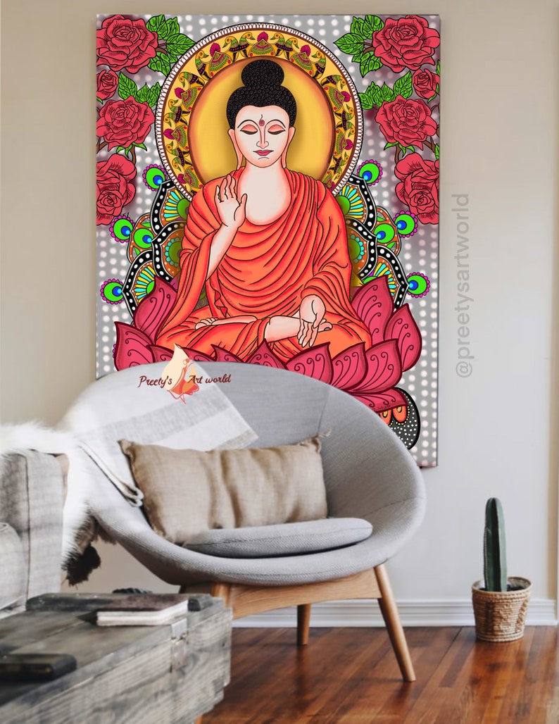 May include: A colorful illustration of Buddha sitting in meditation on a lotus flower. The background is a gray and white pattern with red roses and peacock feathers.