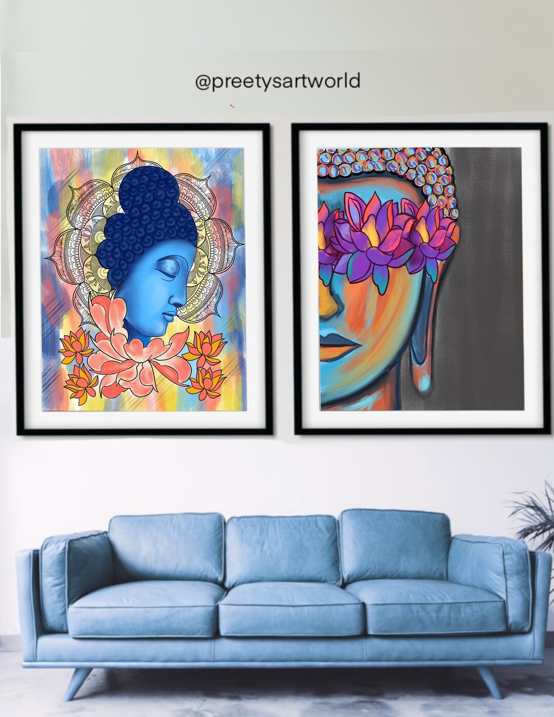 Set of 2 Buddha Painting I Blue I Yoga Art I Meditation Zen Decor I ...